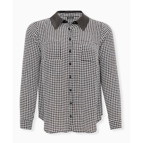 🆕Black White Houndstooth Georgette Faux Leather Collar Blouse Shirt 1 1X Torrid - Picture 6 of 7